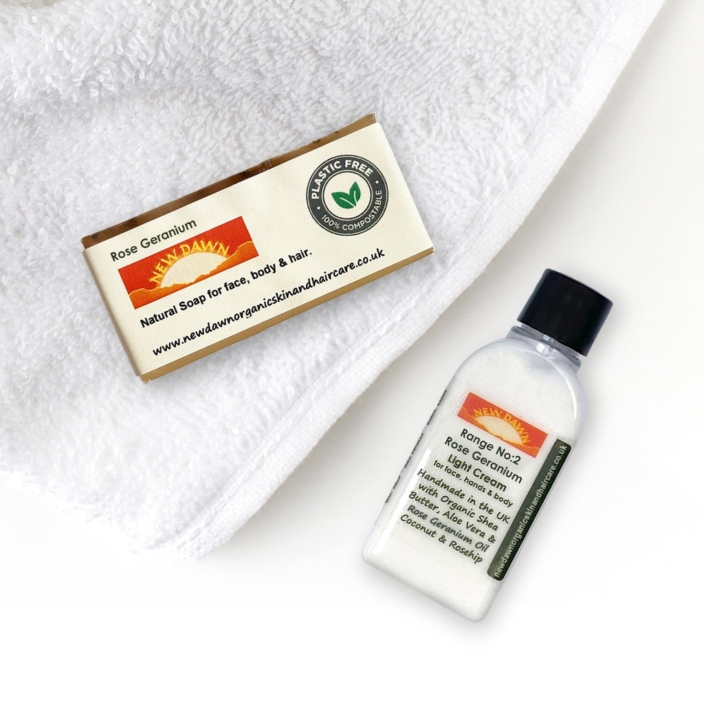Skincare product and packaging on a white towel