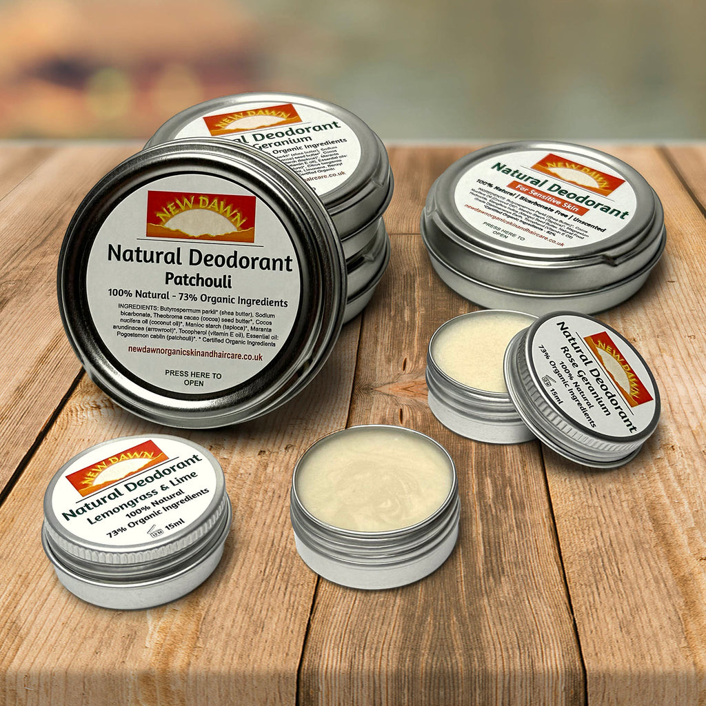 Multiple tins of natural deodorant in different sizes.