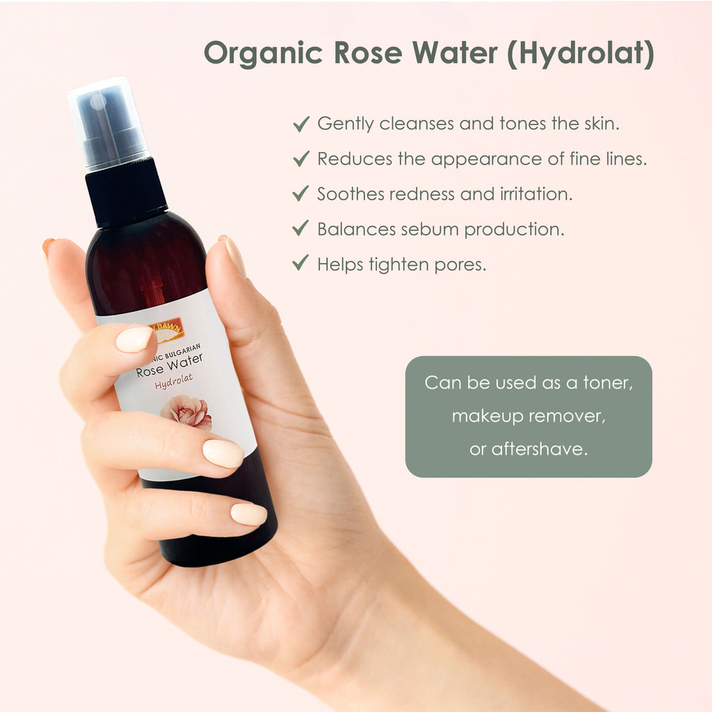 A woman's hand holding a bottle of rose water with the benefits including being used as a toner, makeup remover or as aftershave.
